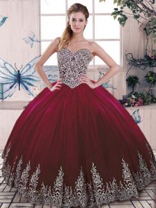 Custom Made Burgundy Tulle Side Zipper 15th Birthday Dress Sleeveless Floor Length Beading and Embroidery