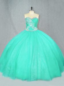 Sweetheart Sleeveless Tulle Quince Ball Gowns Beading Lace Up