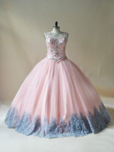 Chic Floor Length Pink Quinceanera Gowns Tulle Sleeveless Beading and Appliques