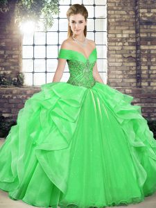 Organza Off The Shoulder Sleeveless Lace Up Beading and Ruffles Sweet 16 Dress in Green