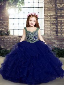 Blue Straps Lace Up Beading and Ruffles Little Girls Pageant Gowns Sleeveless