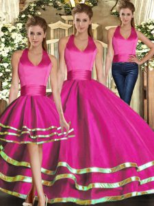 On Sale Floor Length Fuchsia Quince Ball Gowns Halter Top Sleeveless Lace Up