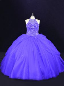 Halter Top Sleeveless 15 Quinceanera Dress Floor Length Beading Purple Tulle