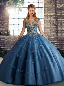 Excellent Blue Ball Gowns Beading and Appliques Sweet 16 Quinceanera Dress Lace Up Tulle Sleeveless Floor Length