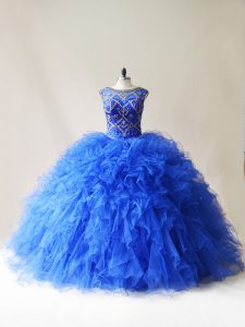 Floor Length Lace Up Ball Gown Prom Dress Royal Blue for Sweet 16 and Quinceanera with Beading and Ruffles