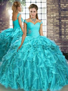 Custom Fit Aqua Blue 15 Quinceanera Dress Organza Brush Train Sleeveless Beading and Ruffles