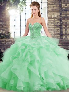 Green Tulle Lace Up Sweetheart Sleeveless 15th Birthday Dress Brush Train Beading and Ruffles