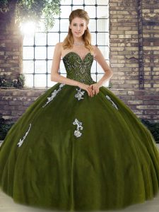 Olive Green Sweetheart Lace Up Beading and Appliques Sweet 16 Quinceanera Dress Sleeveless