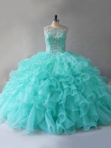 Beading and Ruffles Quinceanera Dresses Aqua Blue Lace Up Sleeveless Floor Length