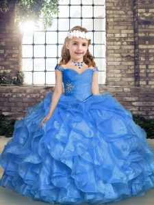 Blue Ball Gowns Straps Sleeveless Organza Floor Length Lace Up Beading and Ruffles and Ruching Little Girl Pageant Gowns