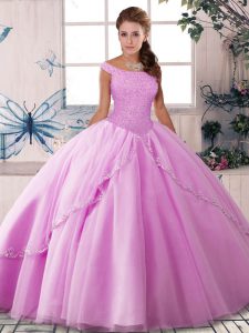 Most Popular Lilac Quince Ball Gowns Off The Shoulder Sleeveless Brush Train Lace Up