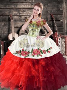 Super Floor Length White And Red Vestidos de Quinceanera Off The Shoulder Sleeveless Lace Up