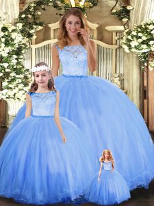 Ball Gowns Sweet 16 Dresses Blue Scoop Tulle Sleeveless Floor Length Clasp Handle