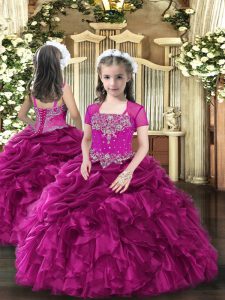 Fuchsia Ball Gowns Straps Sleeveless Organza Floor Length Lace Up Beading and Ruffles Pageant Gowns For Girls