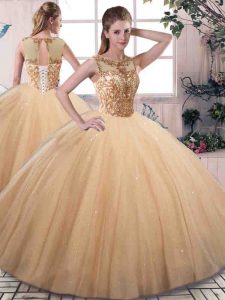 Captivating Sleeveless Floor Length Beading Lace Up Vestidos de Quinceanera with Gold