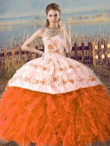 Discount Orange and Rust Red Halter Top Neckline Embroidery Quinceanera Dresses Sleeveless Lace Up