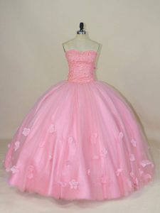 Beading and Hand Made Flower Sweet 16 Dress Baby Pink Lace Up Sleeveless Floor Length