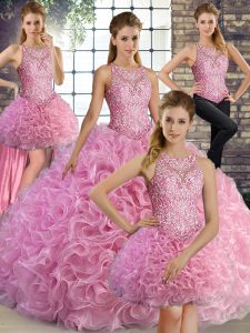 Suitable Rose Pink Sleeveless Fabric With Rolling Flowers Lace Up Sweet 16 Dresses for Military Ball and Sweet 16 and Quinceanera