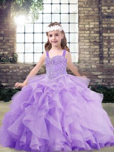 Most Popular Sleeveless Floor Length Beading and Ruffles Lace Up Little Girls Pageant Gowns with Lavender