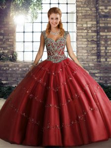 Wine Red Sleeveless Beading and Appliques Floor Length Quinceanera Gown