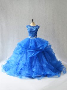 Charming Royal Blue Ball Gowns Beading and Lace Quinceanera Gowns Lace Up Tulle Sleeveless