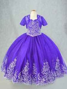 Purple Spaghetti Straps Neckline Beading and Embroidery Little Girl Pageant Dress Sleeveless Lace Up