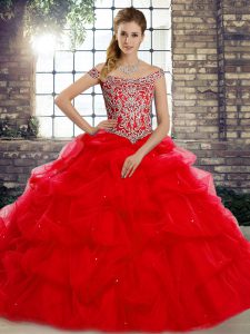 Gorgeous Red Ball Gowns Tulle Off The Shoulder Sleeveless Beading and Pick Ups Lace Up Vestidos de Quinceanera Brush Train