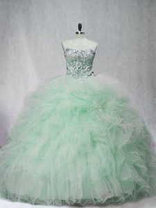 Colorful Apple Green Sleeveless Brush Train Beading and Ruffles Quince Ball Gowns