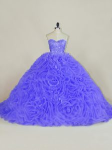 Best Selling Purple Organza and Fabric With Rolling Flowers Lace Up 15 Quinceanera Dress Sleeveless Brush Train Beading and Ruffles