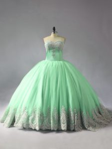 Ball Gowns Sleeveless Apple Green Ball Gown Prom Dress Court Train Lace Up