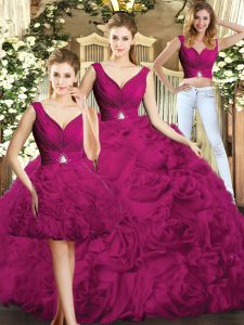 Fuchsia Sleeveless Floor Length Beading Backless 15th Birthday Dress