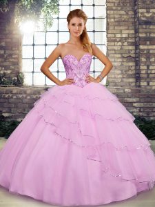 Best Lilac Sweet 16 Dresses Military Ball and Sweet 16 and Quinceanera with Beading and Ruffled Layers Sweetheart Sleeveless Brush Train Lace Up