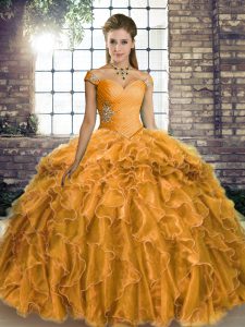 Gold Quinceanera Dress Organza Brush Train Sleeveless Beading and Ruffles