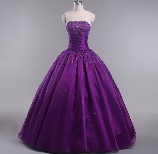 Eggplant Purple Ball Gowns Tulle Strapless Sleeveless Beading and Ruching Floor Length Lace Up Quince Ball Gowns