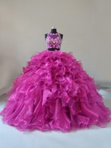 Stunning Fuchsia Zipper Scoop Beading and Ruffles Vestidos de Quinceanera Organza Sleeveless Brush Train