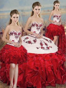 Excellent White And Red Lace Up Vestidos de Quinceanera Embroidery and Ruffles and Bowknot Sleeveless Floor Length