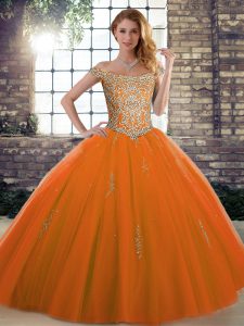 Top Selling Sleeveless Tulle Floor Length Lace Up Vestidos de Quinceanera in Orange Red with Beading