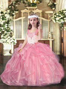 Pink Lace Up Kids Formal Wear Beading and Ruffles Sleeveless Floor Length