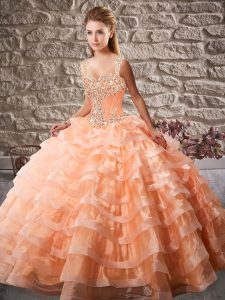 Pretty Straps Sleeveless Quinceanera Dresses Court Train Beading and Ruffled Layers Orange Organza