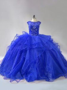 Flirting Scoop Sleeveless Organza Quinceanera Gowns Beading and Ruffles Brush Train Lace Up