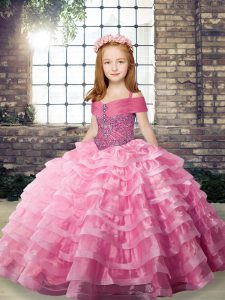 Lace Up Child Pageant Dress Rose Pink for Party and Military Ball and Wedding Party with Beading and Ruffled Layers Brush Train