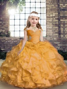 Best Gold Lace Up Straps Beading and Ruffles Glitz Pageant Dress Organza Sleeveless