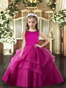 Custom Design Scoop Sleeveless Lace Up Child Pageant Dress Fuchsia Tulle