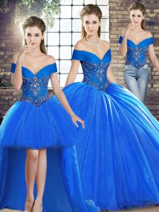 Sleeveless Organza Brush Train Lace Up Quinceanera Gown in Royal Blue with Beading