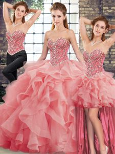 Brush Train Three Pieces Quinceanera Dress Watermelon Red Sweetheart Tulle Sleeveless Lace Up