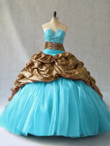 Decent Sleeveless Organza and Printed Lace Up Quinceanera Dress in Aqua Blue with Beading and Pick Ups