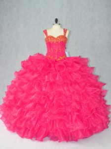 Elegant Beading and Ruffles Quinceanera Dresses Red Lace Up Sleeveless Floor Length