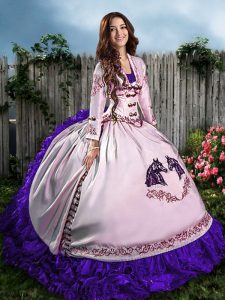 Sweet Sleeveless Satin Floor Length Lace Up Ball Gown Prom Dress in White And Purple with Embroidery and Ruffles