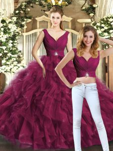 Sophisticated Beading and Ruffles Vestidos de Quinceanera Burgundy Backless Sleeveless Floor Length