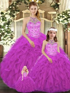 Elegant Sleeveless Tulle Floor Length Lace Up Sweet 16 Quinceanera Dress in Fuchsia with Beading and Ruffles